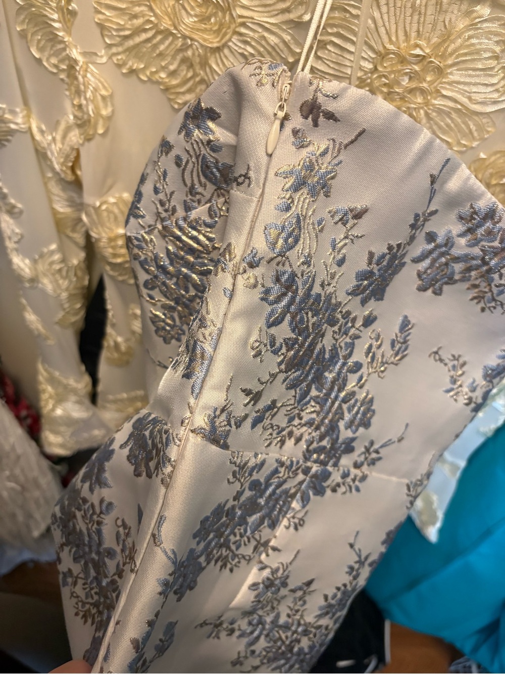 Altar'd State Strapless Jacquard Mini Dress in White, Blue & Gold - Picture 4 of 4
